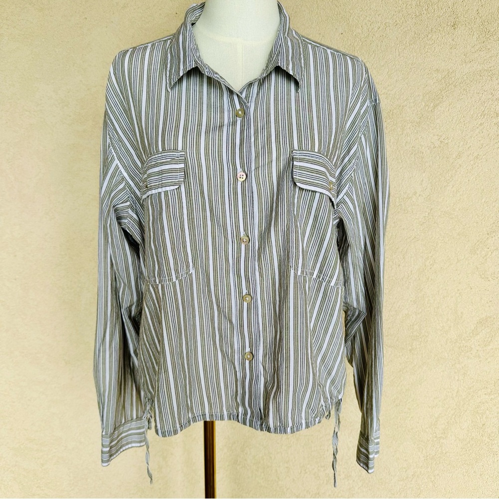 Lucky Brand Olive Striped Blouse w Side Ties 100% Cotton
